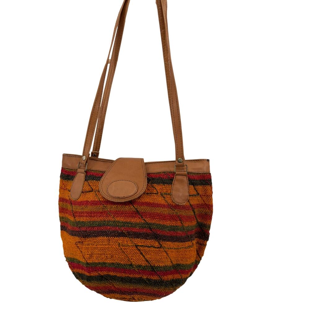 Vintage 80s Multicolor Woven Genuine Leather Trim Round Shoulder Bag